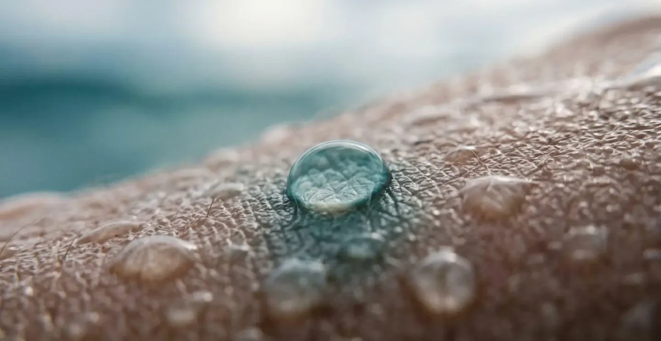 Gros plan sur la peau en contact direct avec l'eau de mer, illustrant l'absorption des minéraux