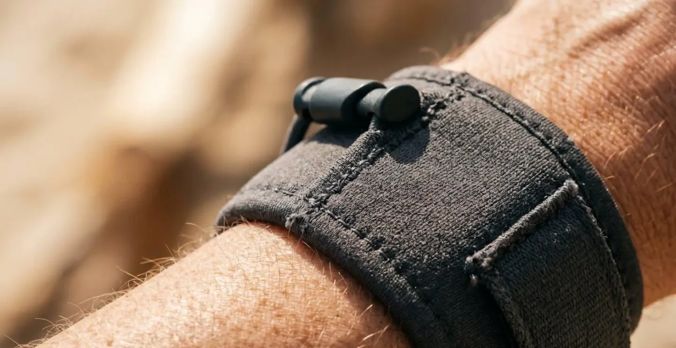 Gros plan sur un bracelet-pochette minimaliste porté sur l'avant-bras