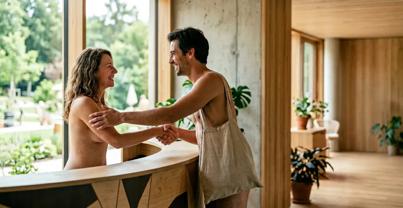 Scène d'accueil chaleureux dans un centre de vacances naturiste avec personnel souriant à la réception