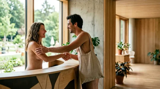 Scène d'accueil chaleureux dans un centre de vacances naturiste avec personnel souriant à la réception