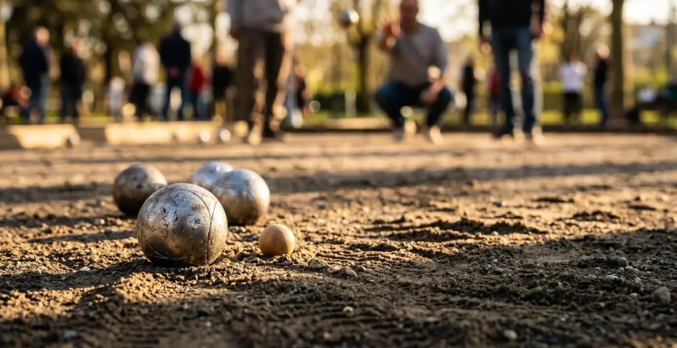 Groupe multigénérationnel participant à une activité de pétanque dans un cadre naturiste ensoleillé