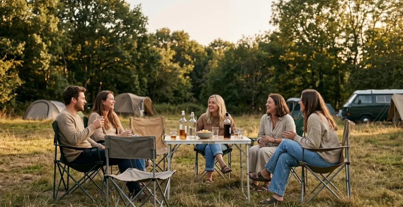 Moment de partage convivial lors d'un apéritif en camping, illustrant les codes de réciprocité et d'autonomie