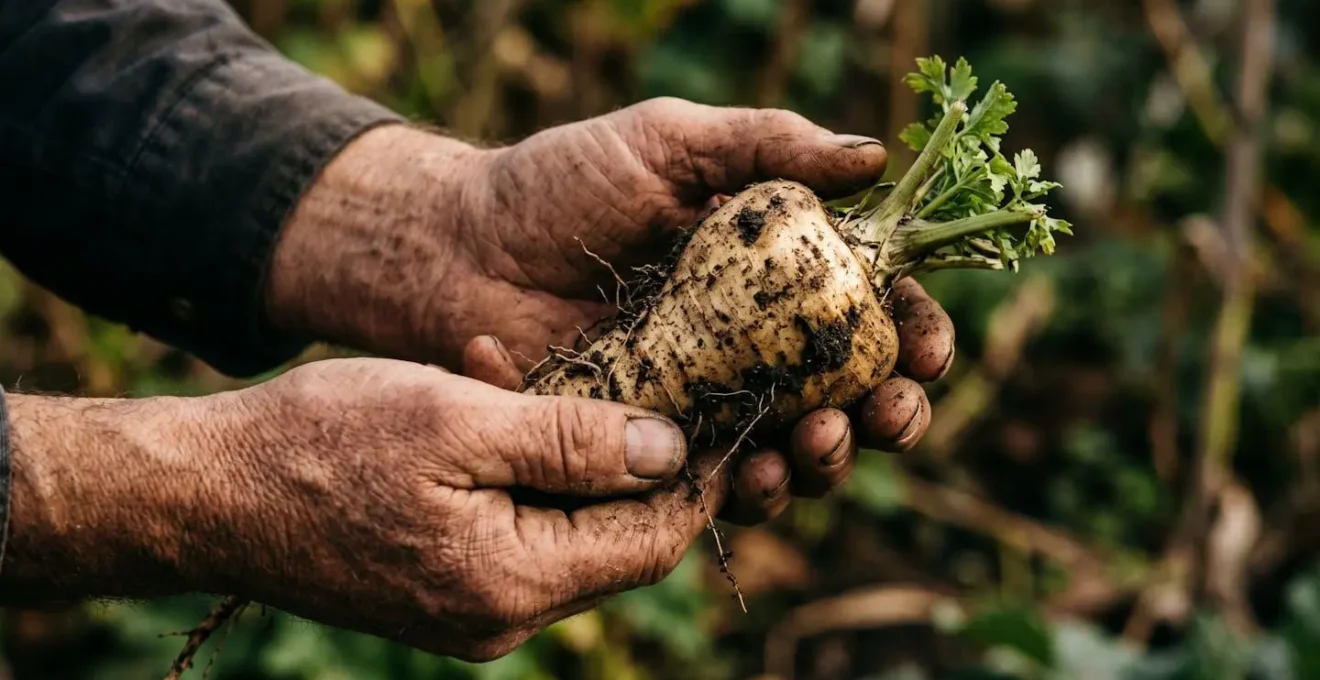 Gros plan sur des mains tenant un légume racine fraîchement déterré avec de la terre encore accrochée