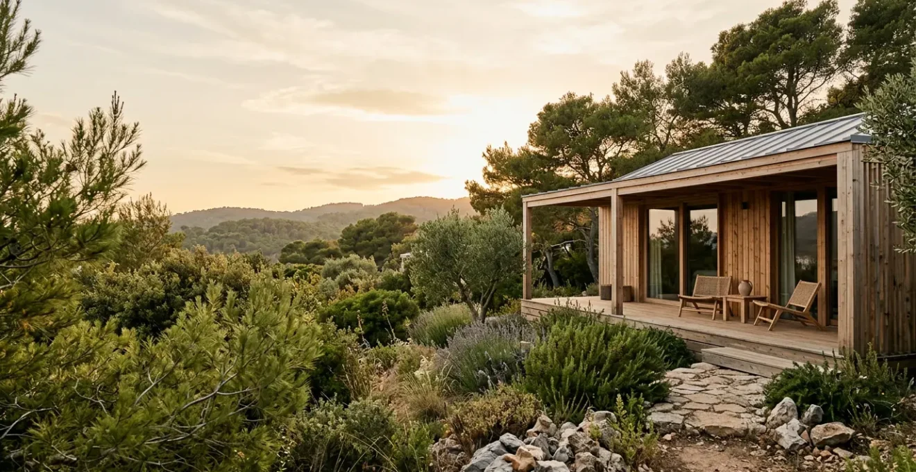 Bungalow moderne en bois avec grande terrasse abritée dans un cadre naturel verdoyant pour séjour naturiste tout confort