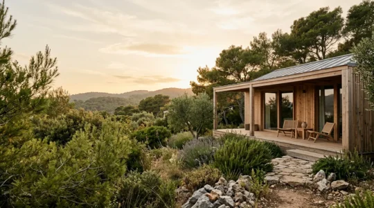 Bungalow moderne en bois avec grande terrasse abritée dans un cadre naturel verdoyant pour séjour naturiste tout confort