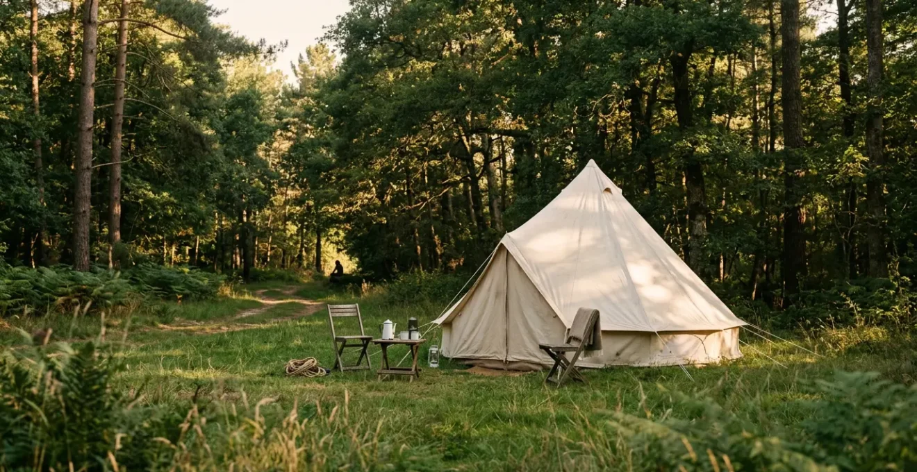 Campement en tente dans un camping naturiste entouré de nature verdoyante sous un ciel d'été