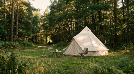 Campement en tente dans un camping naturiste entouré de nature verdoyante sous un ciel d'été