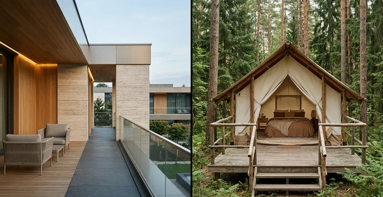 Contraste architectural entre un club hôtelier haut de gamme et un hébergement glamping dans un environnement naturiste