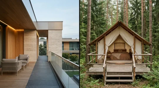 Contraste architectural entre un club hôtelier haut de gamme et un hébergement glamping dans un environnement naturiste