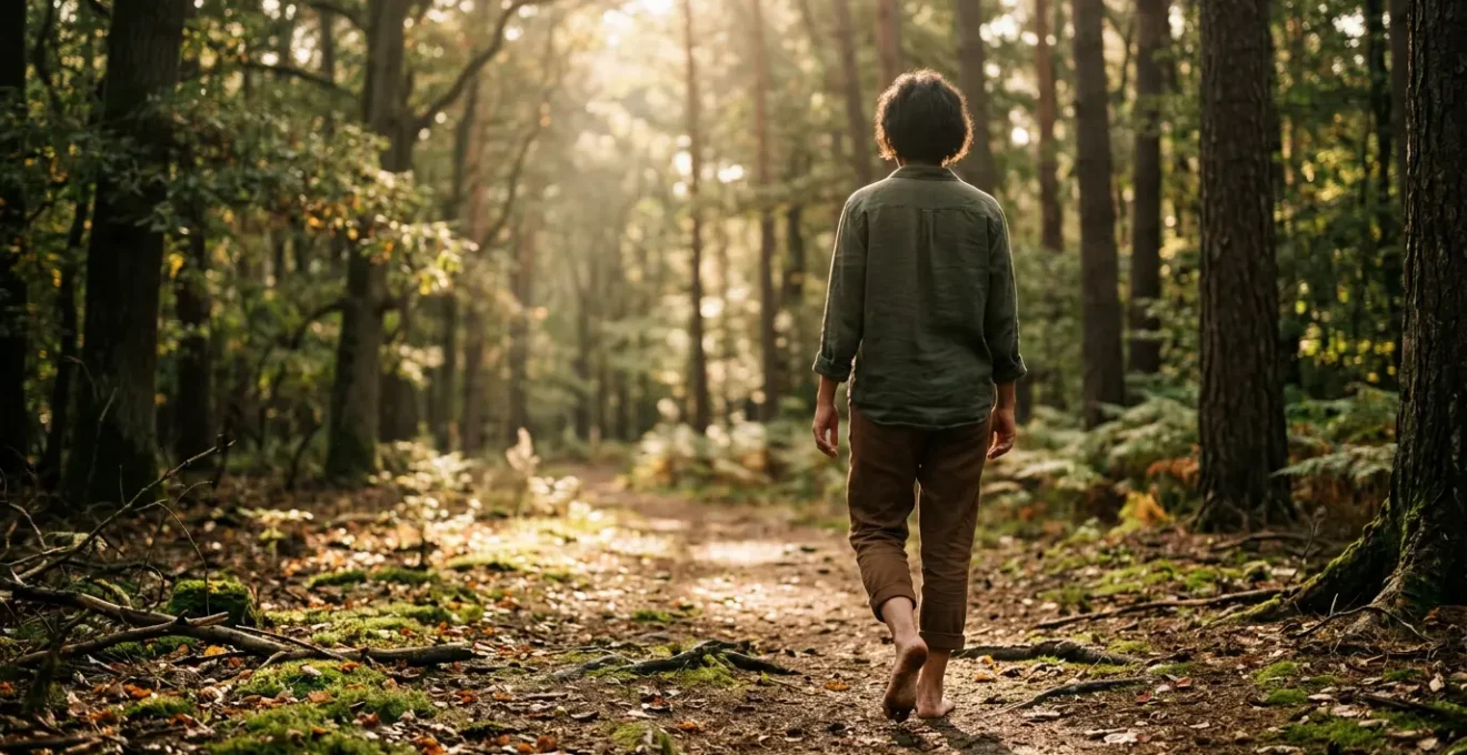 Personne marchant pieds nus en forêt dans une communion naturelle intense avec les éléments