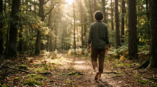 Personne marchant pieds nus en forêt dans une communion naturelle intense avec les éléments