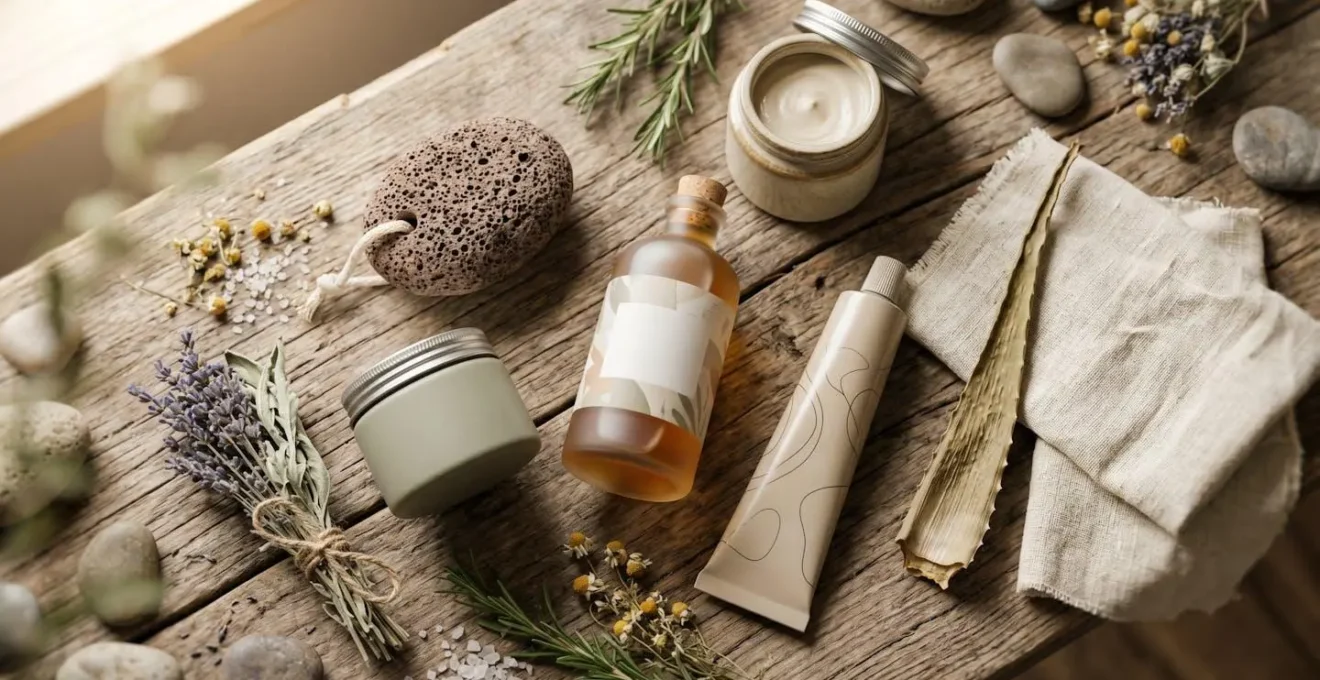 Composition minimaliste de produits de soin naturels disposés sur une surface en bois brut, évoquant le bien-être authentique