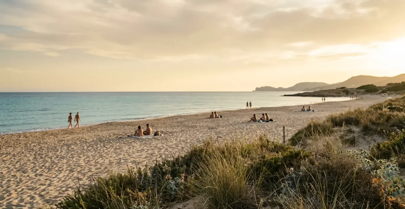 Scène de plage naturiste avec zones distinctes et interactions respectueuses entre naturistes et visiteurs