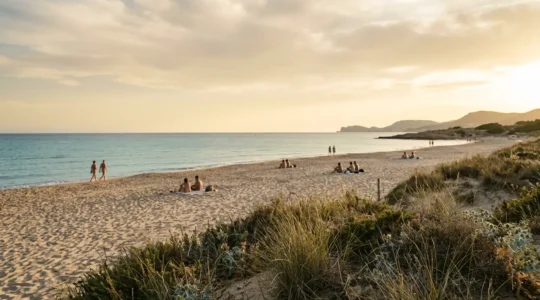 Scène de plage naturiste avec zones distinctes et interactions respectueuses entre naturistes et visiteurs