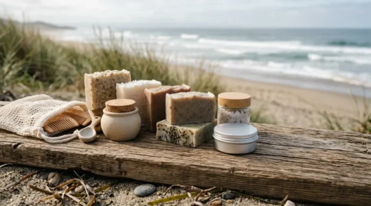 Cosmétiques solides naturels et trousse de voyage minimaliste pour vacances éco-responsables