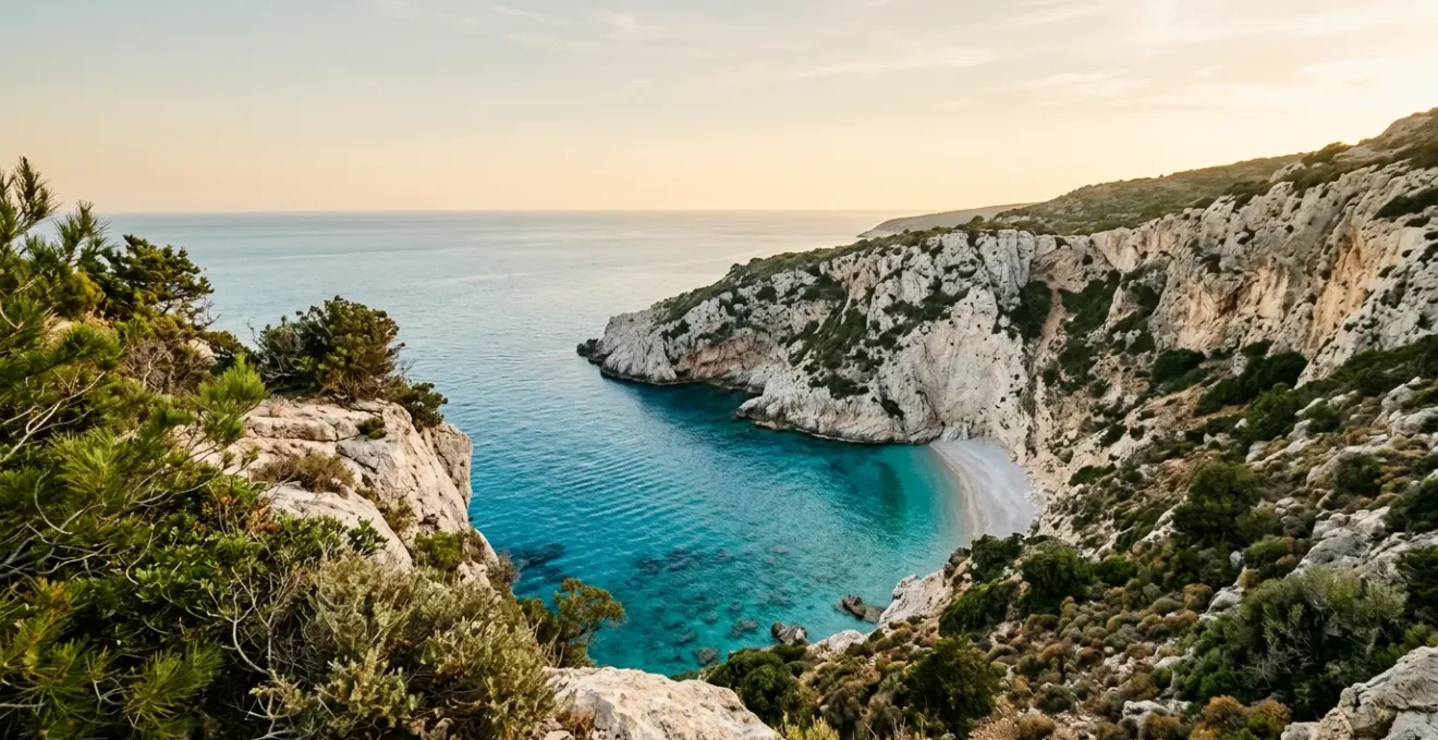 Vue panoramique d'une crique sauvage méditerranéenne encaissée entre des falaises calcaires, eaux turquoise cristallines et végétation préservée