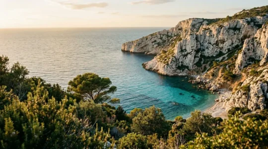 Crique sauvage méditerranéenne bordée de falaises calcaires et d'eau turquoise, cadre intimiste pour le naturisme