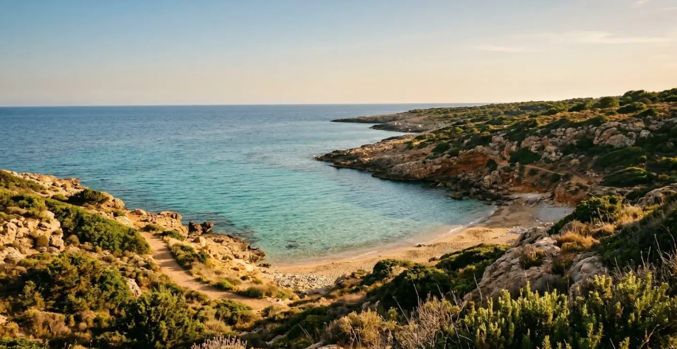 Vue d'une crique isolée avec eaux turquoise et végétation méditerranéenne préservée, évoquant un lieu secret accessible uniquement par les locaux