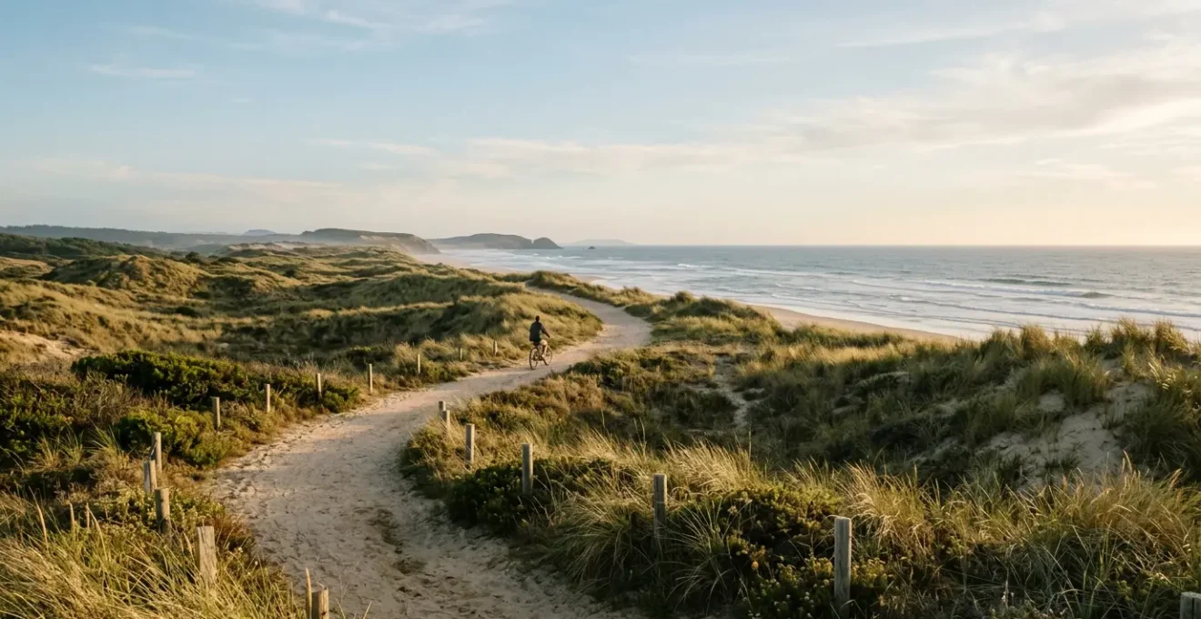 Cycliste sur une piste cyclable au bord de l'océan dans un cadre naturel préservé