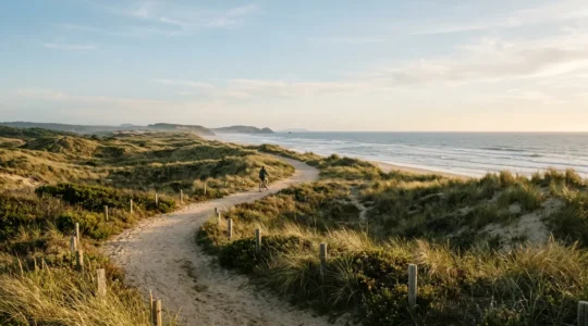 Cycliste sur une piste cyclable au bord de l'océan dans un cadre naturel préservé