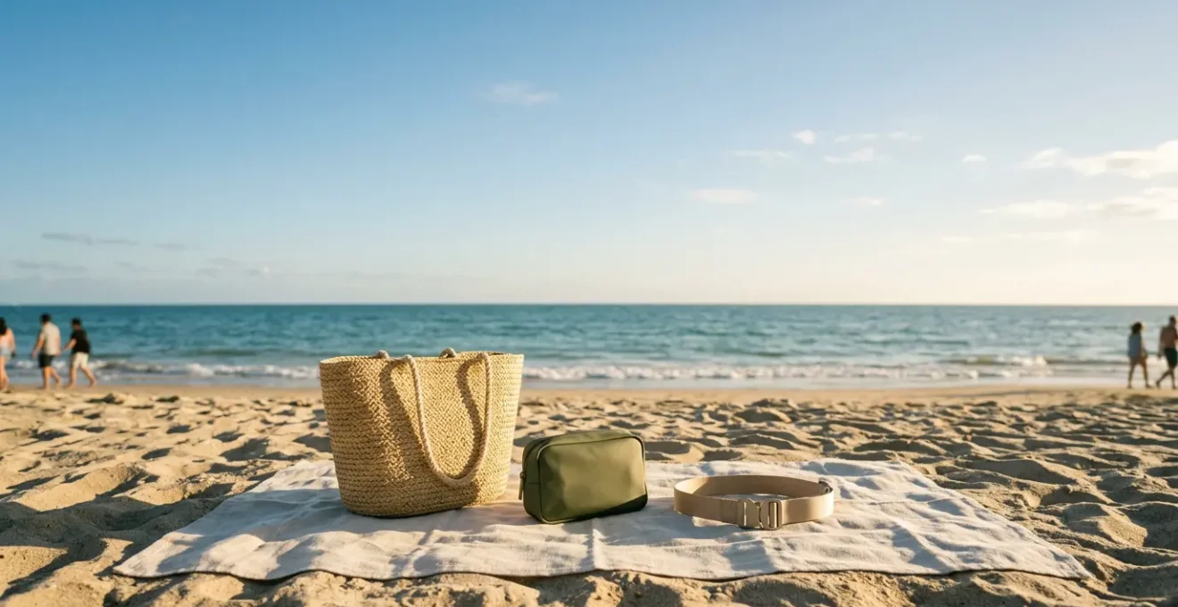 Accessoires minimalistes pour naturistes posés sur une serviette de plage