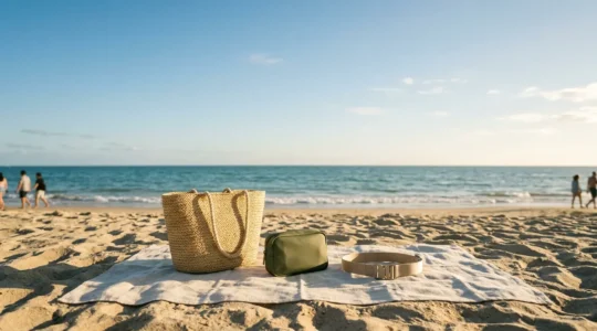 Accessoires minimalistes pour naturistes posés sur une serviette de plage