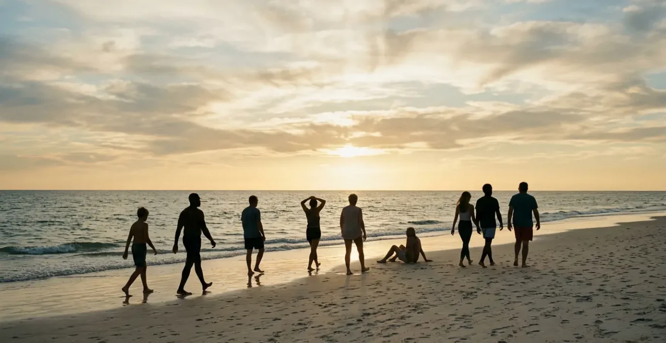Diversité des silhouettes humaines dans un environnement naturel de plage, représentant l'acceptation corporelle et la liberté