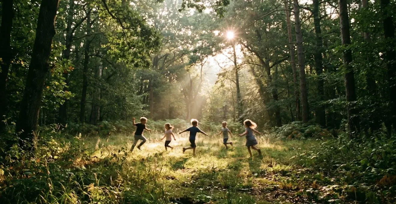 Enfants jouant librement dans un environnement naturel, montrant joie et confiance en eux