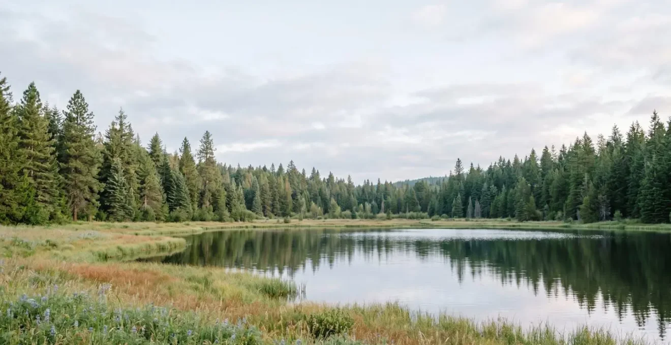 Vue panoramique minimaliste d'un espace naturel apaisant avec lumière douce et ambiance contemplative