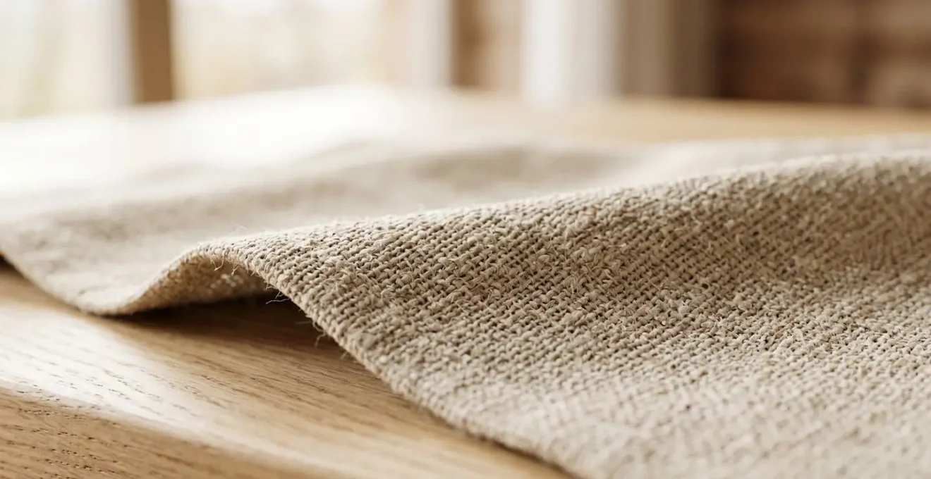 Détail macro d'une serviette en coton naturel pliée sur une surface en bois brut avec lumière douce