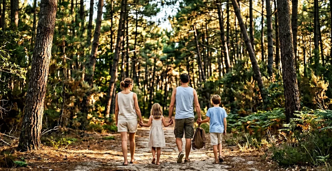 Famille en pleine nature dans un centre de vacances naturiste, ambiance paisible et familiale