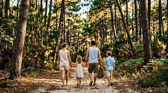 Famille en pleine nature dans un centre de vacances naturiste, ambiance paisible et familiale