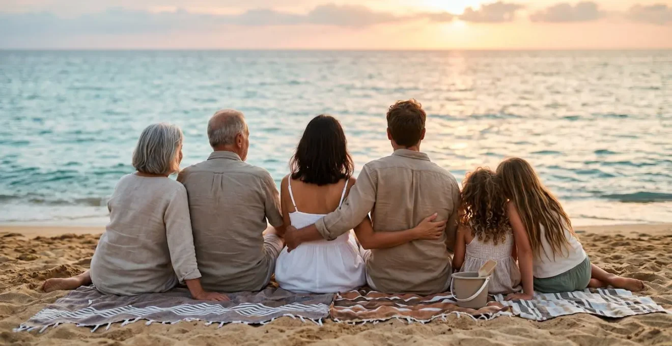 Scène familiale conviviale sur une plage naturiste française avec plusieurs générations