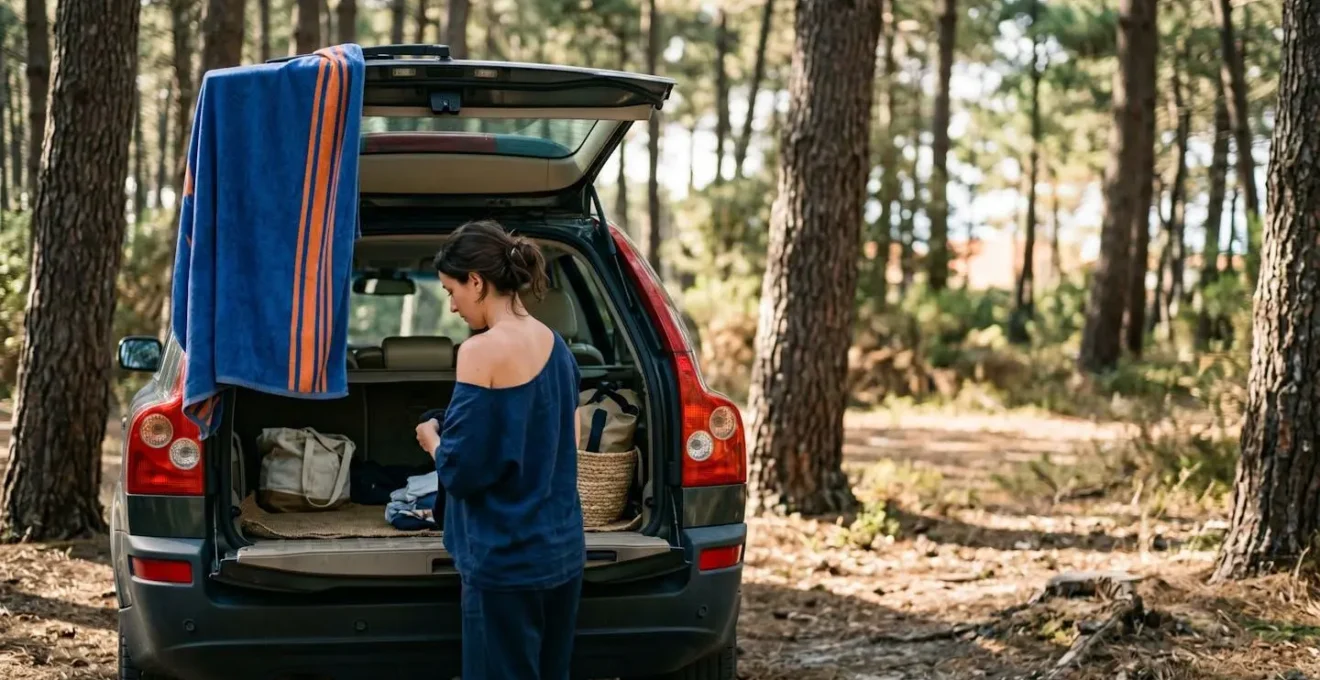Hayon arrière de SUV ouvert créant un espace intime avec serviette et équipement de plage dans environnement naturel