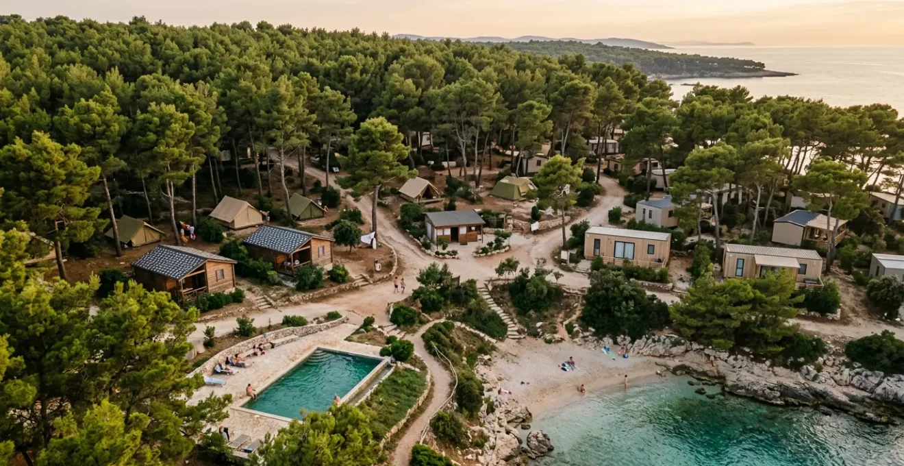 Vue d'ensemble d'un domaine naturiste avec différents types d'hébergements dans un environnement naturel préservé