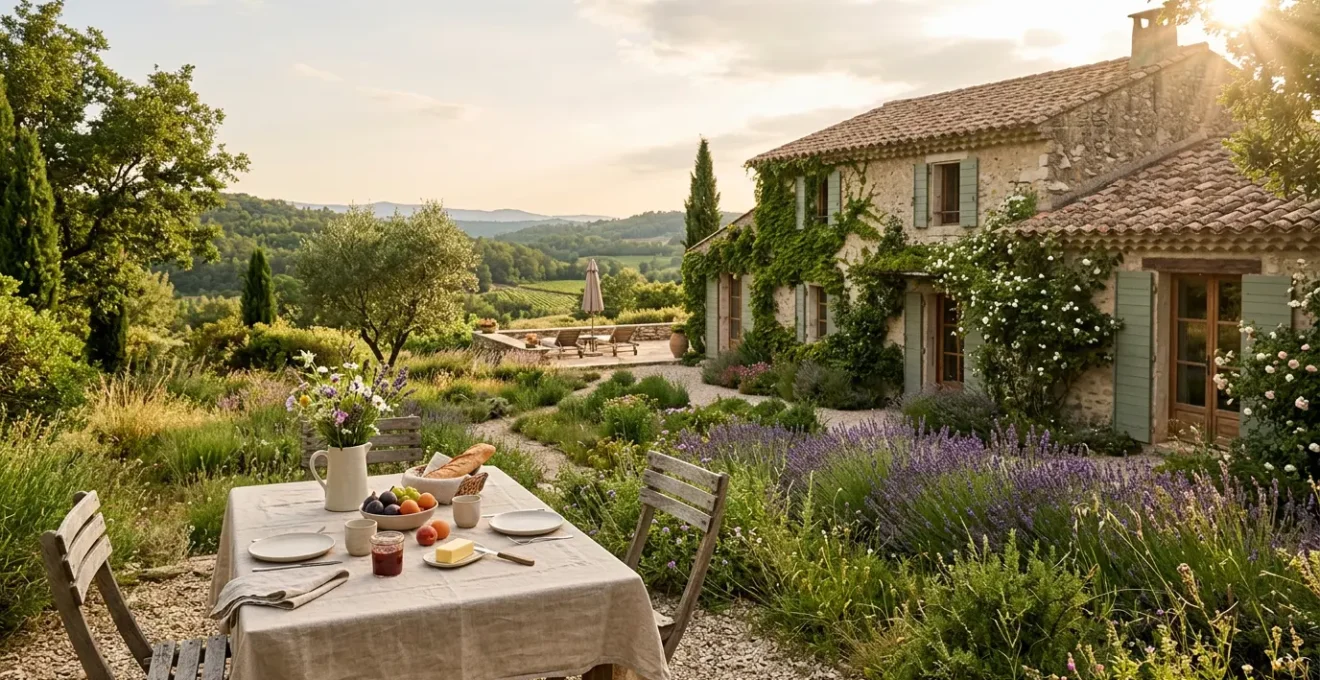 Scène accueillante d'une chambre d'hôtes avec jardin naturel et ambiance conviviale