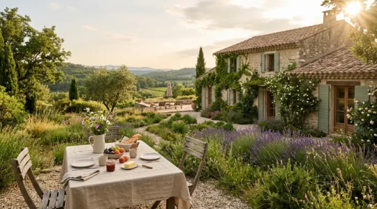 Scène accueillante d'une chambre d'hôtes avec jardin naturel et ambiance conviviale