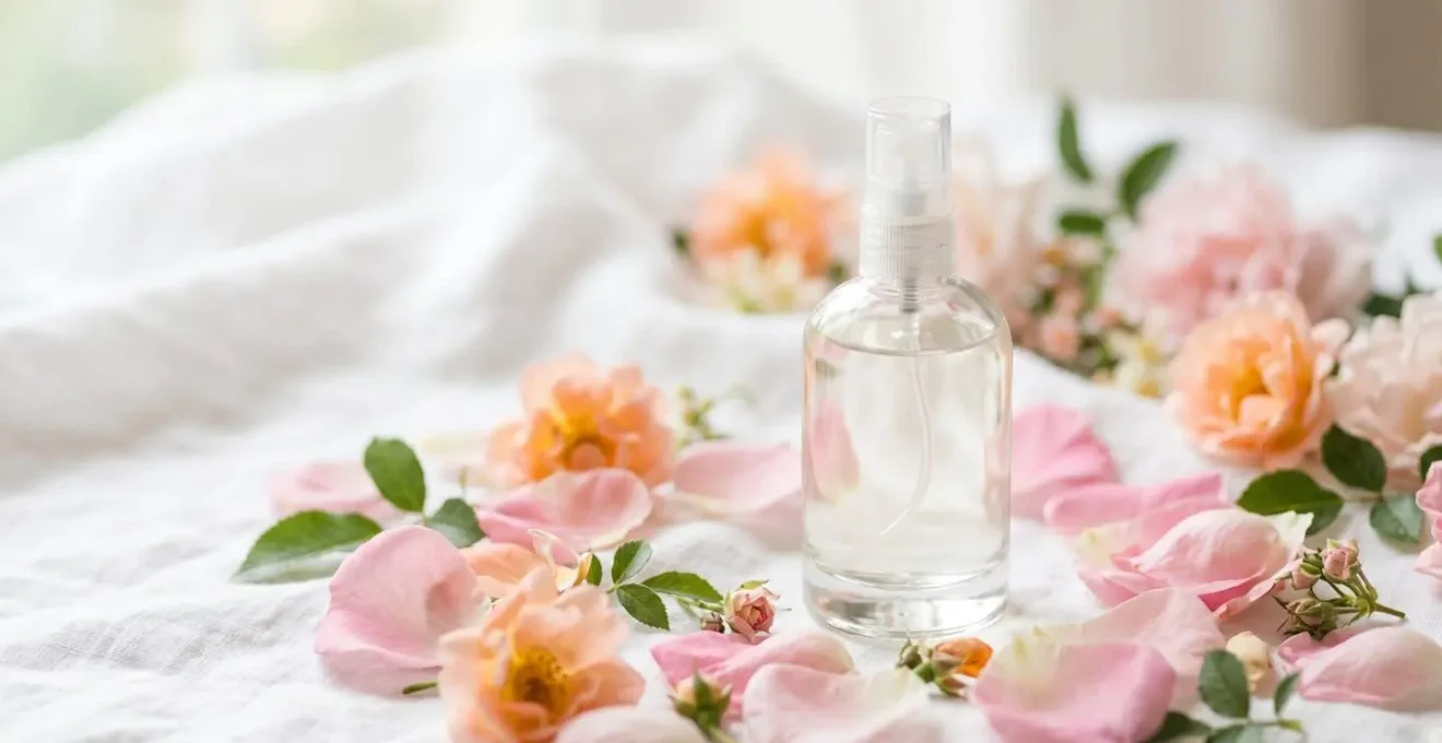 Flacon en verre d'hydrolat naturel entouré de pétales de rose fraîche
