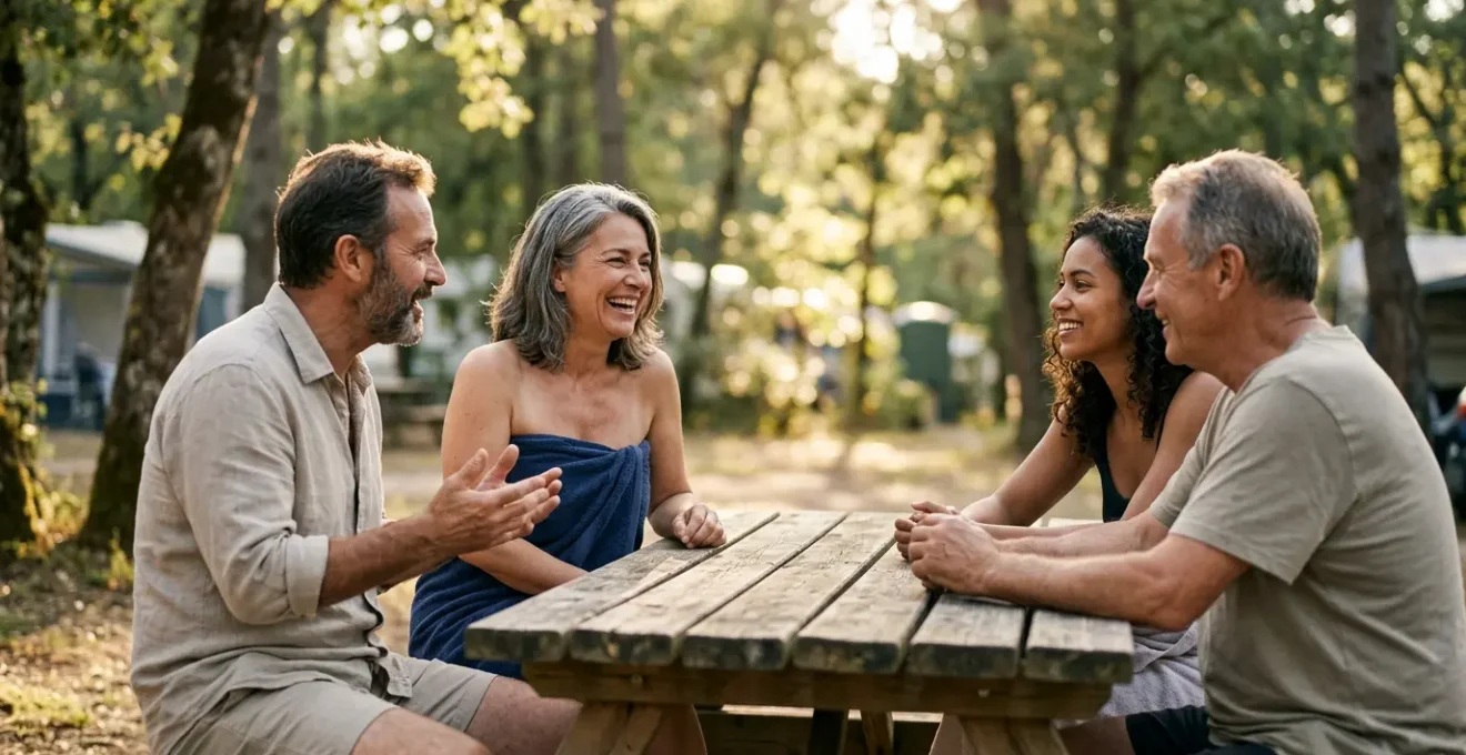Scène accueillante et chaleureuse illustrant la convivialité et l'intégration sociale dans un environnement de vacances naturiste
