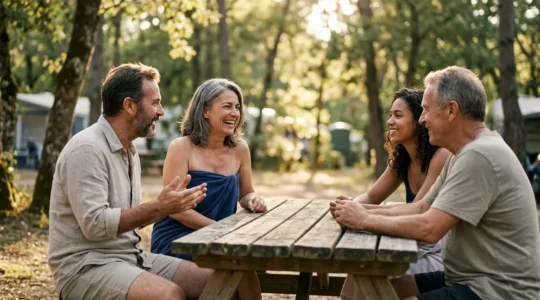 Scène accueillante et chaleureuse illustrant la convivialité et l'intégration sociale dans un environnement de vacances naturiste