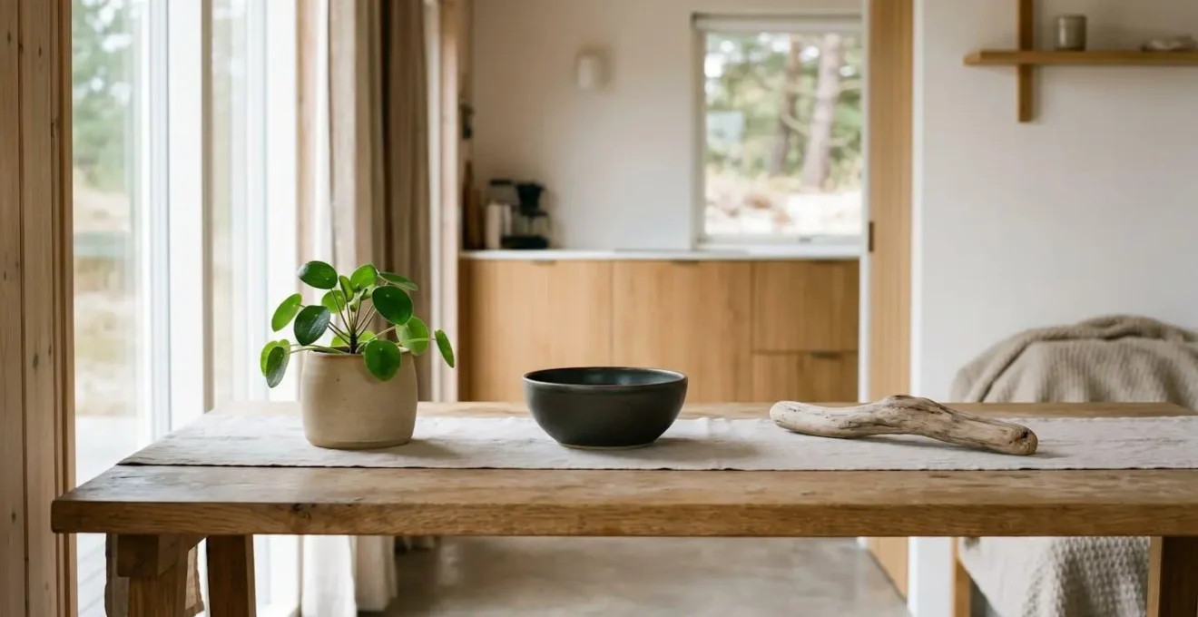 Intérieur épuré et minimaliste d'un bungalow de camping avec surfaces dégagées et rangements discrets pour une ambiance zen