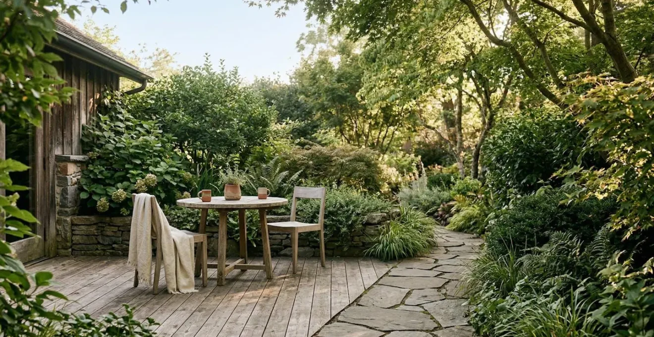 Vue sereine d'un espace extérieur privatif dans une chambre d'hôtes, avec terrasse isolée et végétation naturelle préservant l'intimité