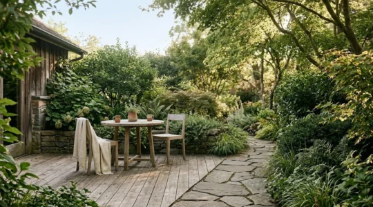 Vue sereine d'un espace extérieur privatif dans une chambre d'hôtes, avec terrasse isolée et végétation naturelle préservant l'intimité