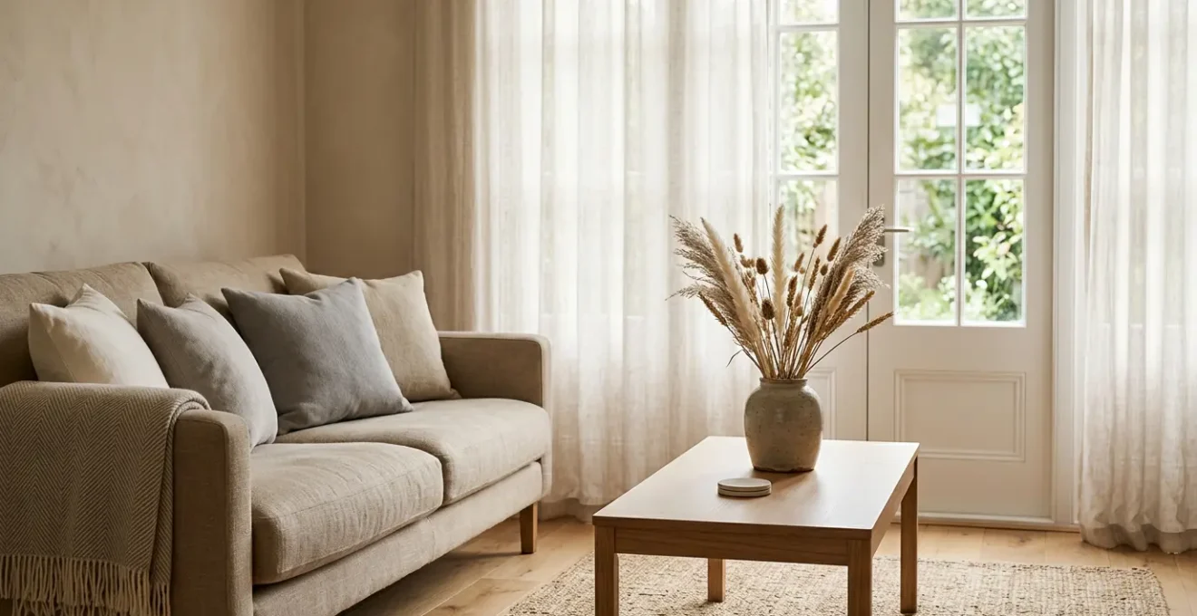 Coin salon minimaliste baigné de lumière naturelle avec textiles doux symbolisant l'intimité et le bien-être du naturisme à domicile