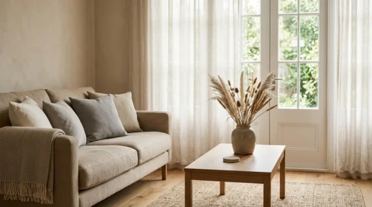 Coin salon minimaliste baigné de lumière naturelle avec textiles doux symbolisant l'intimité et le bien-être du naturisme à domicile