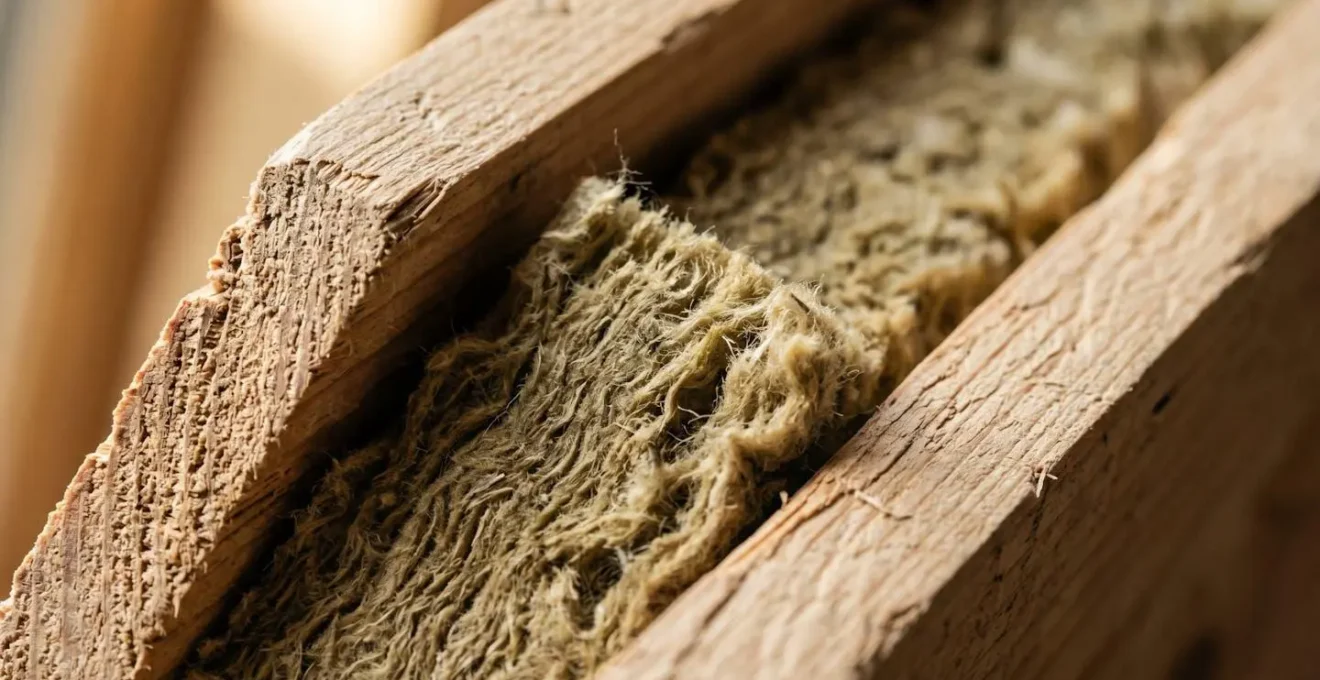 Coupe transversale d'une structure en bois montrant les couches d'isolation et l'inertie thermique naturelle du matériau