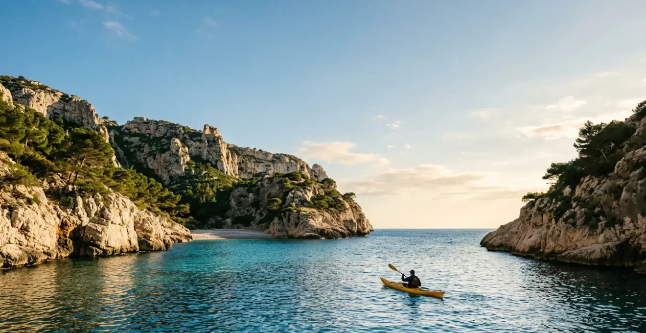 Kayakiste naviguant vers une crique isolée aux eaux turquoise