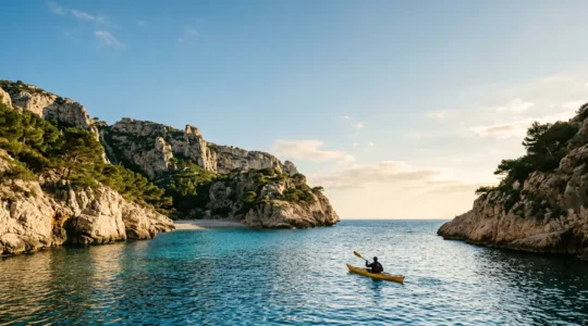 Kayakiste naviguant vers une crique isolée aux eaux turquoise