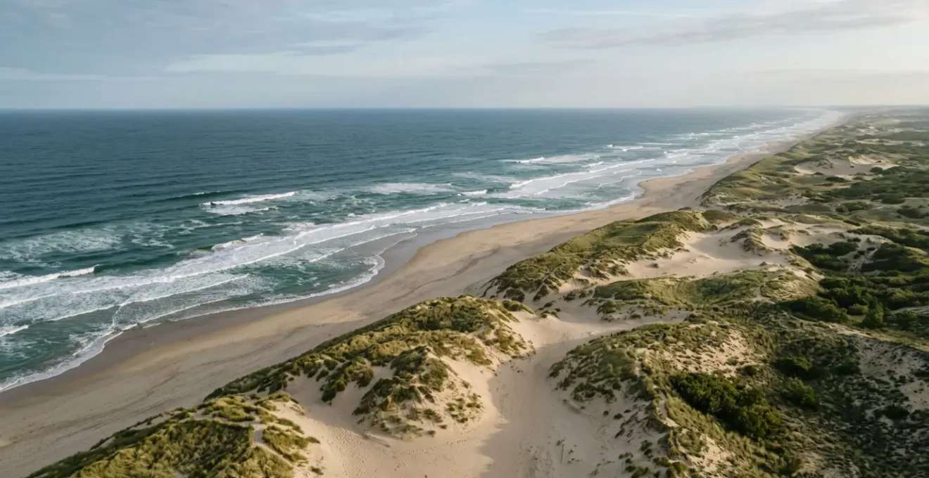 Vue aerienne d'une plage francaise sauvage entre mer et dunes sous ciel d'ete