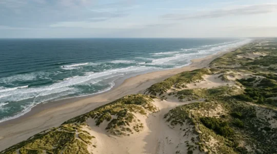 Vue aerienne d'une plage francaise sauvage entre mer et dunes sous ciel d'ete